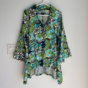 For Cynthia‎ Blue Green Floral Line Blend Button Up Jacket or Top Women’s XL NEW